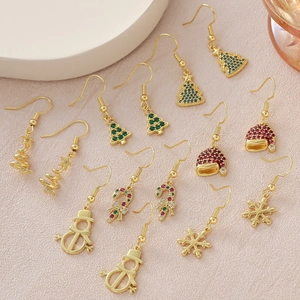 Christmas Series Copper Zirconia Earrings Electroplated Gold Silver Snowman Candy Cane Snowflake Hat Drop Earrings Jewelry For Women