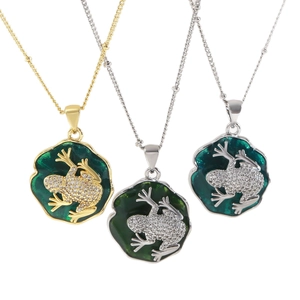 Enameled lotus leaf and frog pendant necklace with micro-paved zircons in gold and silver