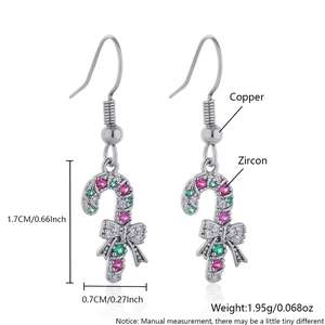 Christmas candy cane earrings in copper with red green white zircon and silver bow