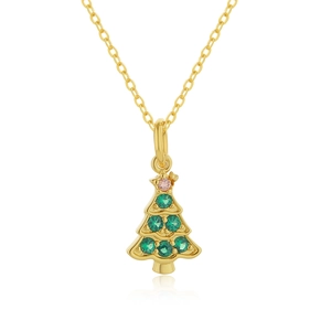 Detailansicht der 18k Gold-Weihnachtsbaum-Kette mit grünen und rosa Edelsteinen
