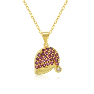 Detail of 18k gold Christmas hat pendant necklace featuring purple pavé rhinestones