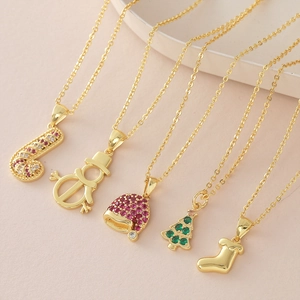 Christmas Tree Snowman Santa Hat Candy Cane Pendant Necklace 18K Gold Plated Copper Zircon Festive Jewelry For Women