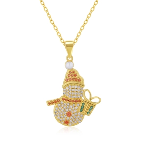Detailed view of snowman pendant with colorful zircons on a gold-plated necklace chain