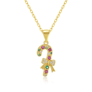 Detail of gold candy cane pendant with colorful crystals and a delicate bow decoration
