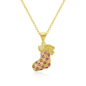Detail of 18k gold necklace with Christmas stocking pendant set with pink gemstones