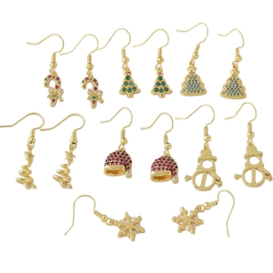 Christmas gold plated copper earrings set featuring candy canes, snowmen and snowflakes