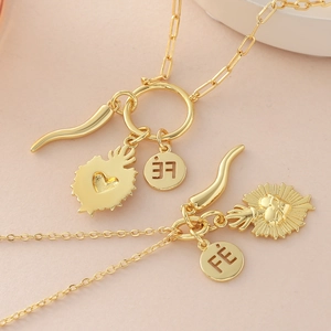 18k gold plated heart and cornicello pendant necklace set for women with FE round tag