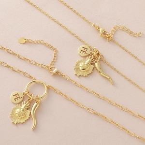 18k gold plated heart thorn necklace with circular FE tag and lucky horn charms