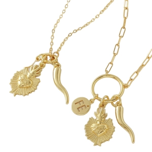 18k gold plated heart thorn necklace with FÉ faith pendant and double chain layers