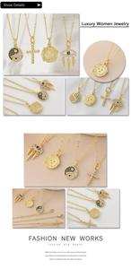 Vues détaillées de colliers plaqués or 18k avec croix, œil et symboles yin yang