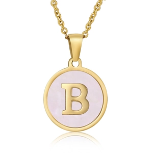Gold stainless steel necklace with round pink pendant featuring a gold letter B