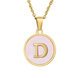 Golden round necklace with pink shell inlay and letter D pendant on a thin chain