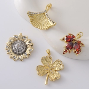 Gold-plated maple leaf and flower pendants with zircon stones for DIY jewelry making