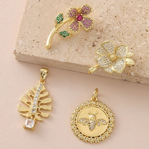 Gold-plated maple leaf, flower and bee pendants with zircon for DIY jewelry making