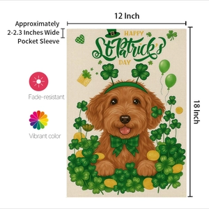 St. Patrick's Day garden flag with golden retriever and lucky clover, 12x18 inch size