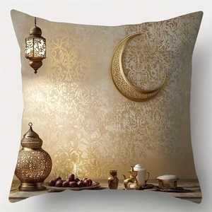 Detailed print of gold crescent moon and lanterns on festive Ramadan cushion cover
