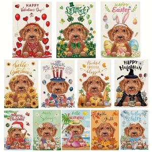 Double Sided Linen Garden Flag With Dog Illustration For Holiday Season Yard Decor Including Christmas Halloween Thanksgiving Valentine