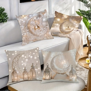 Set of four champagne gold Eid Mubarak pillow covers with moon and mosque patterns