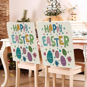 Detail of Easter chair back cover with Happy Easter letters and colorful egg patterns