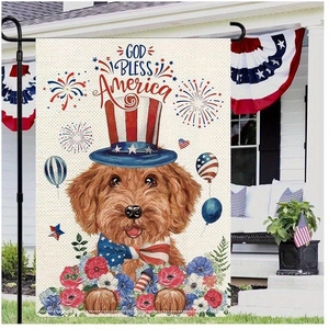 Vertical garden flag with patriotic dog illustration and God Bless America text on porch