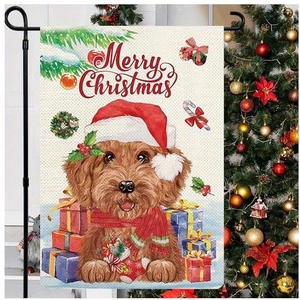 Detailed view of burlap Christmas dog garden flag with Merry Christmas text