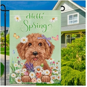 Detail of Hello Spring garden flag featuring a brown doodle dog and daisies in a yard