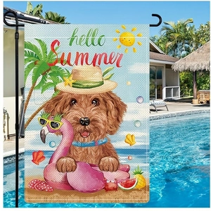 Close-up of summer garden flag featuring a cute dog in a flamingo floatie with pool background