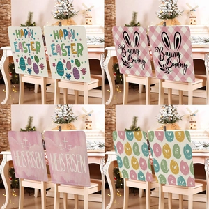 Easter Egg Bunny Printed Chair Back Cover Short Plush Dining Room Festival Decoration He Is Risen Religious Chair Cover