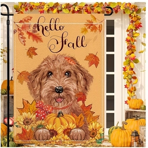Detailed close-up of Hello Fall garden flag featuring dog, pumpkin and sunflower