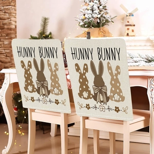 Set of 2 Easter chair back covers with vintage Hunny Bunny patterns on beige linen