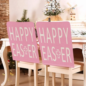Pink Easter chair covers with Happy Easter print and cross design for festive home decor