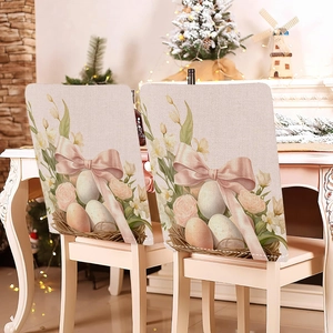 Pink Easter bunny egg chair covers set of 2 in linen texture for festive home dining decor