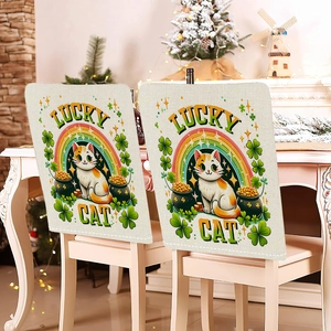 Saint Patrick's Day chair covers with lucky cat and rainbow printed on linen fabric
