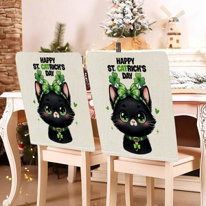 Close-up of St. Patrick's Day chair covers with cute black cats and clover holiday patterns