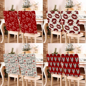 Valentine's Day Dining Chair Cover Short Plush Printed Heart Leopard Lips Pattern Stretch Chair Back Protector For Wedding Party Home Decor