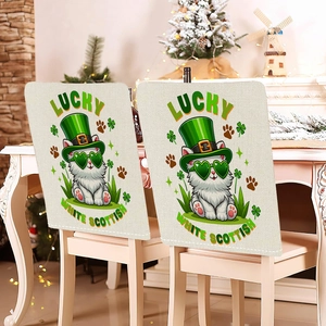 Detail of St. Patrick's Day chair covers with lucky cat and shamrock print on linen