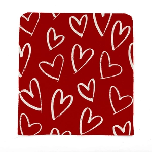 Red Valentine's Day cushion cover with white hand-drawn heart patterns on a white background
