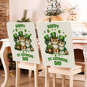 Detail of St. Patrick's Day chair cover featuring cute cats and shamrocks on linen fabric