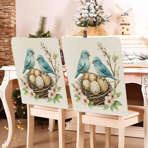 Detail of floral bird nest print on thick linen-texture Easter dining chair back covers
