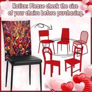 Close-up of abstract swirl pattern chair cover on black chair with size notice