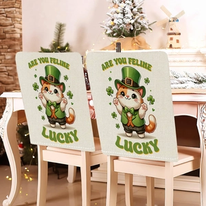 Detail of St. Patrick's Day chair covers with feline lucky print and clover patterns