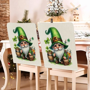 Set of 2 St. Patrick's Day chair covers with gnome and shamrock on linen fabric