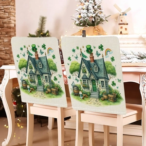 Detail of St. Patrick's Day chair covers with shamrock and rainbow on faux linen