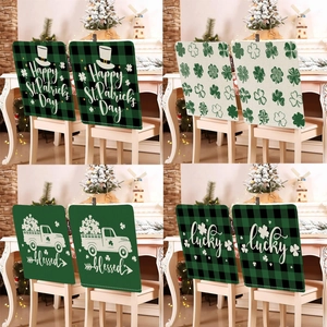St Patrick's Day Chair Back Covers Green Shamrock Lucky Blessed Buffalo Plaid Dining Chair Slipcovers Short Plush Holiday Home Party Decor