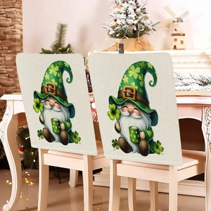 Detail of St. Patrick's Day gnome chair covers made of textured burlap fabric