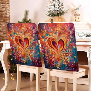 Detail of colorful abstract heart mandala chair covers in a festive home setting