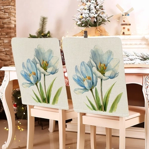 Blue floral rabbit Easter chair covers with watercolor tulips on linen fabric