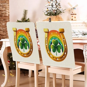 Detail of St. Patrick's Day chair covers with clover and horseshoe prints on linen fabric