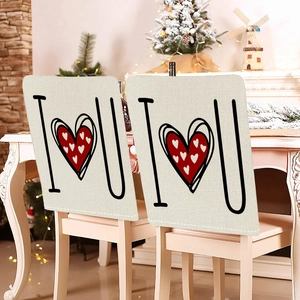 Detail of I Heart U letter chair covers with red heart print on linen fabric