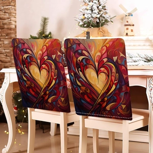 Close-up of abstract heart pattern chair cover on white wooden chair with festive lights